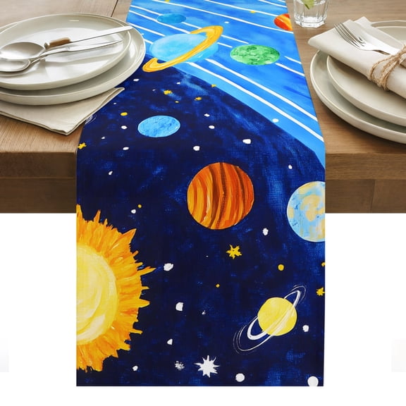 Cartoon Space Table Runner Blue Night Sky Mystical Star Sun Planets Tablerunners 13 x 36 Inch, Table Decorations Tabletop Scarf for Summer Gathering Holiday Farmhouse Kitchen Dining Decor