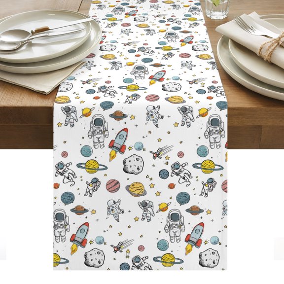 Cartoon Space Table Runner Funny Cute Rocket Planet Tablerunners 13 x 48 Inch, Table Decorations Tabletop Scarf for Summer Gathering Holiday Farmhouse Kitchen Dining Decor