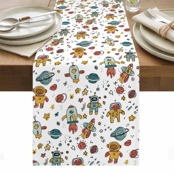 Cartoon Space Table Runner Funny Cute Rocket Star Planet Tablerunners 13 x 36 Inch, Table Decorations Tabletop Scarf for Summer Gathering Holiday Farmhouse Kitchen Dining Decor