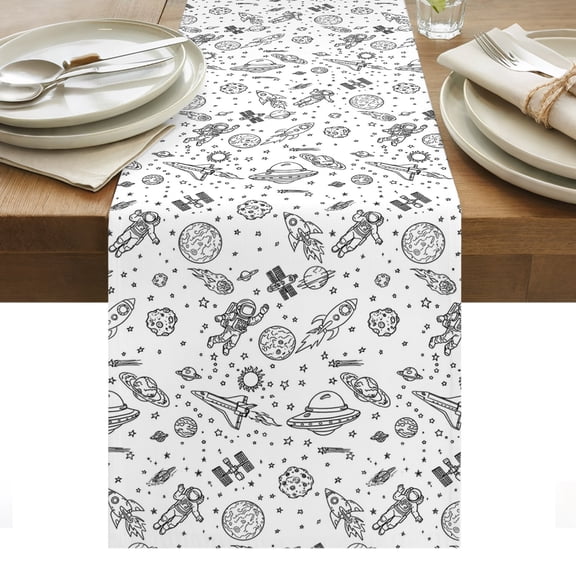 Cartoon Space Table Runner Spacecraft Rocket Meteorite Star Cute Tablerunners 13 x 36 Inch, Table Decorations Tabletop Scarf for Summer Gathering Holiday Farmhouse Kitchen Dining Decor