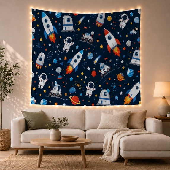 Cartoon Space Themed With Deep Navy Blue, Mystical Fantasy for Space Lovers, Galaxy Room Decor Room Accent, Graduation Gift, Tapestry Wall Hanging for Bedroom and Dorm