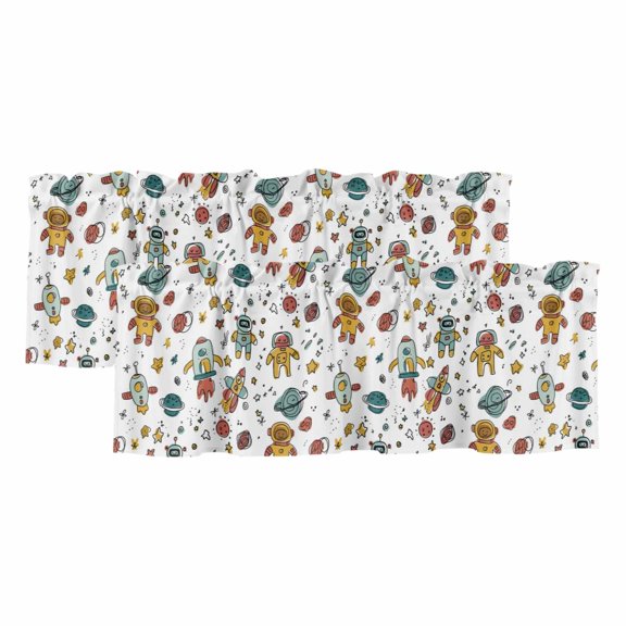 Cartoon Space Valances for Windows, Decorative Rod Pocket Window Valance Curtains, Funny Cute Rocket Star Planet Short Curtain Drapes for Kitchen/Bathroom/Living Room, 2 Panels, 42" W x 12" L