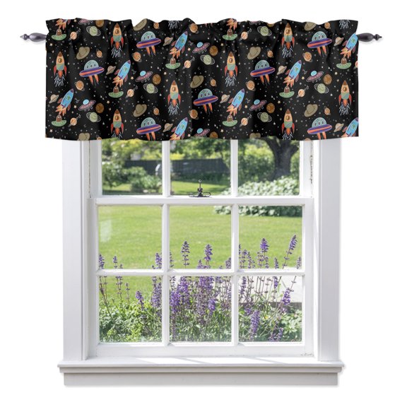 Cartoon Space Window Valances for Kitchen, Rockets Planets Astronauts Black Rod Pocket Valances Windows Treatments Curtains for Living Room Bathroom Bedroom Decoration 42" x 12"