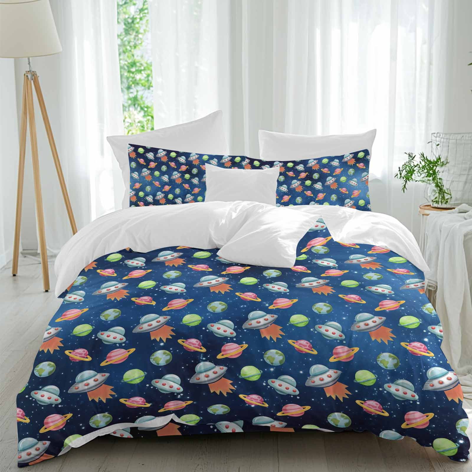 Cartoon Spacecraft Duvet Cover Set Full Size, Green Red Planet Abstract ...