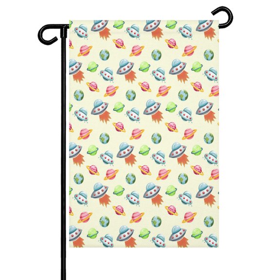 Cartoon Spacecraft Garden Flag 12x18 Inch Green Red Planet Abstract Earth Yellow Double Sided Small Decorative Garden Flags for Outside, Outdoor Yard Porch Lawn Decoration