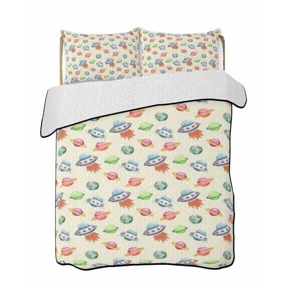 Cartoon Spacecraft Quilts Bedding Set California King Green Red Planet Abstract Earth Yellow Lightweight Quilted Bedspread 3 Piece Bed Quilt with 2 Pillow Shams All Season for Bedroom 96" x 106"