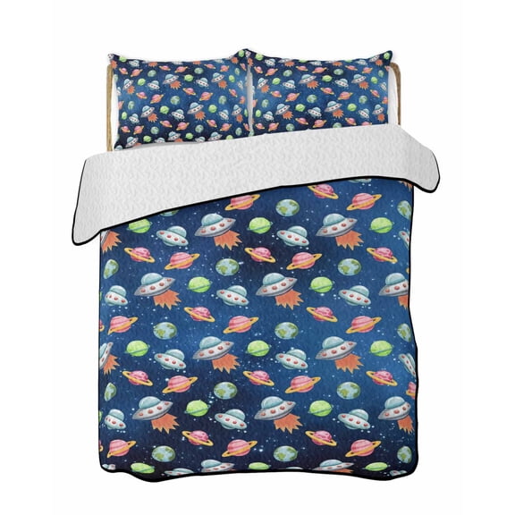 Cartoon Spacecraft Quilts Bedding Set Twin Size Green Red Planet Abstract Earth Blue Sky Lightweight Quilted Bedspread 3 Piece Bed Quilt with 2 Pillow Shams All Season for Bedroom 68" x 86"