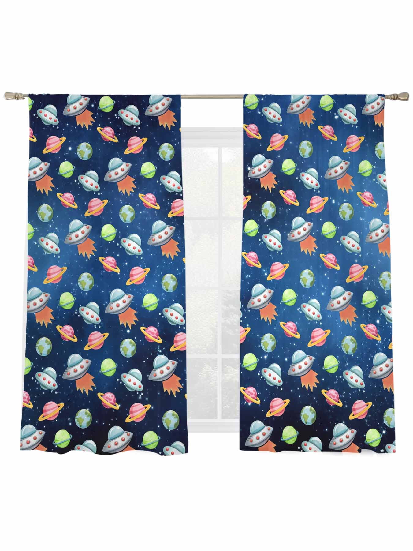 Cartoon Spacecraft Sheer Curtains 2 Panels Set Green Red Planet ...
