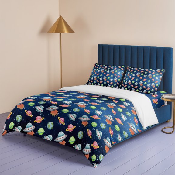Cartoon Spaceship Dream Planet Queen Size Bed Set,Outer Space Stars Moon Bedding for All Seasons,4 Pcs Bed Set,1 Quiltcover (90"x90"),1 Sheet (90"x102"),2 Pillowcases (20"x30")