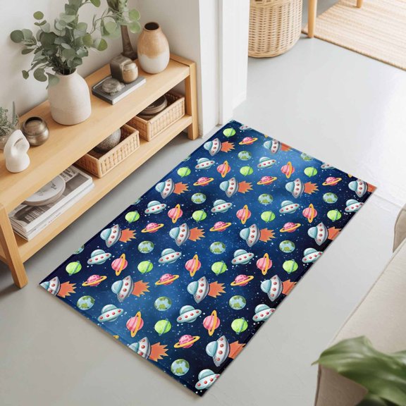 Cartoon Spaceship Dream Planet Rectangle Rug 2'x3' Outer Space Stars Moon Washable Area Rugs for Living Room Bedroom Entryway Non Slip Entrance Door Mat Indoor Floor Carpet