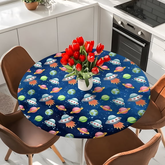 Cartoon Spaceship Dream Planet Round Fitted Tablecloth with Elastic Edge,Waterproof Table Cloth Fits Tables Up to 36"-44",Wipeable Table Cover for Indoor Outdoor Dinning Party,Outer Space Stars Moon