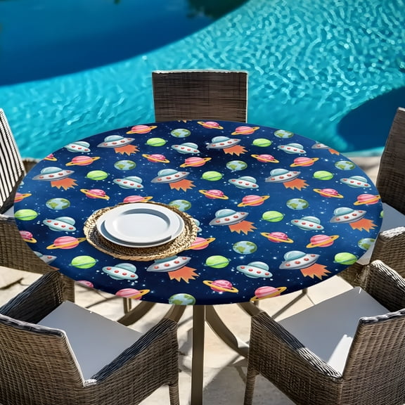 Cartoon Spaceship Dream Planet Round Fitted Tablecloth with Elastic Edge,Waterproof Table Cloth Fits Tables Up to 45"-54",Wipeable Table Cover for Indoor Outdoor Dinning Party,Outer Space Stars Moon