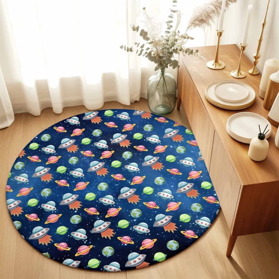 Cartoon Spaceship Dream Planet Round Rug 3ft Outer Space Stars Moon Washable Area Rugs for Living Room Bedroom Entryway Non Slip Entrance Door Mat Indoor Floor Carpet