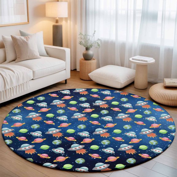 Cartoon Spaceship Dream Planet Round Rug 5ft Outer Space Stars Moon Washable Area Rugs for Living Room Bedroom Entryway Non Slip Entrance Door Mat Indoor Floor Carpet
