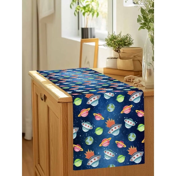 Cartoon Spaceship Dream Planet Table Runner 36 Inches Long,Kitchen Dining Tablerunners Outer Space Stars Moon Linen Table Runners Dresser Scarves for Home Dinner Wedding Holiday Party Decor