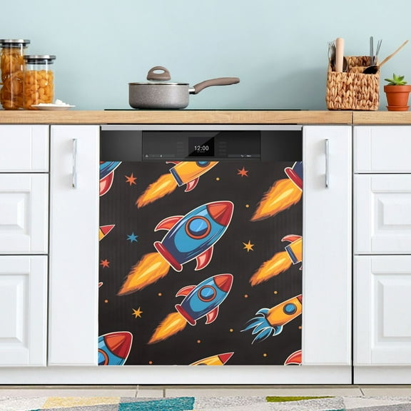 Cartoon Spaceship Rocket Dishwasher Magnet Cover Magnetic Fridge Door Cover Home Kitchen Decor 23"x 26"
