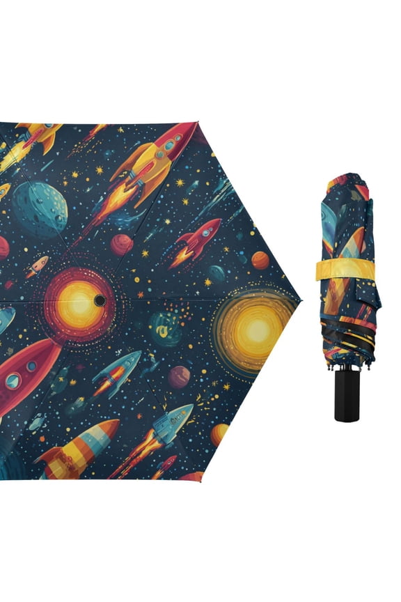 Cartoon Spaceships Flying Through Planets All Weather Umbrella Triple Folding Parasol 6 Ribs UV Protection Portable