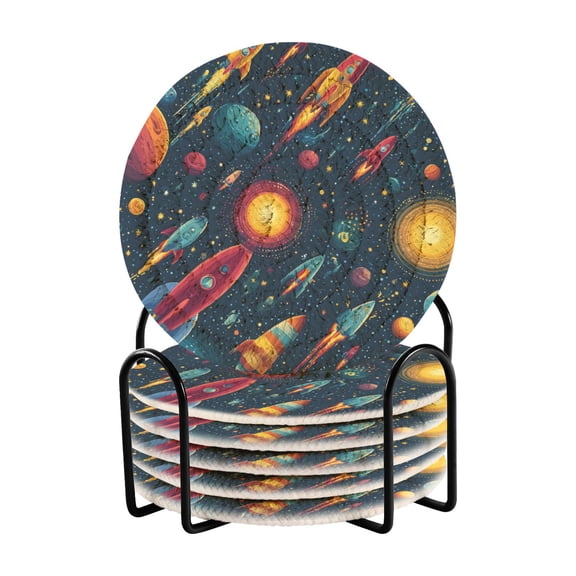 Cartoon Spaceships Flying Through Planets Drinking Coasters Cup Mat with Holder for Kitchen Cafe Bar 6 Packs