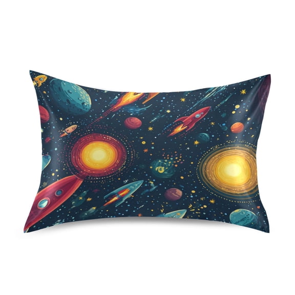 Cartoon Spaceships Flying Through Planets Satin Pillowcase Envelope Design Pillow Covers 1 Pack Queen Size 20" x 30"