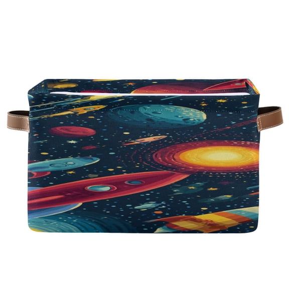 Cartoon Spaceships Flying Through Planets Square Storage Bins with Handles Collapsible Containing Box 1 Pack