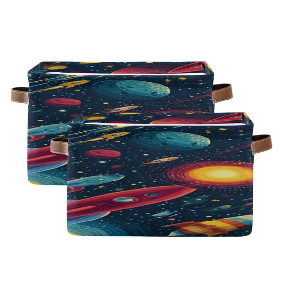 Cartoon Spaceships Flying Through Planets Square Storage Bins with Handles Collapsible Containing Box 2 Packs