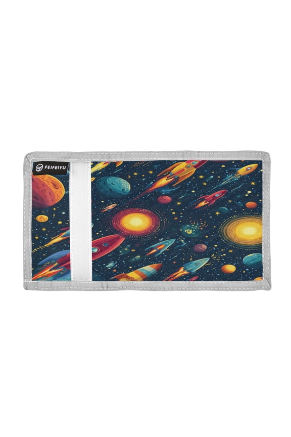 Cartoon Spaceships Flying Through Planets Trifold Wallets Card Holders Coin Pockets with Lanyards Portable Unisex