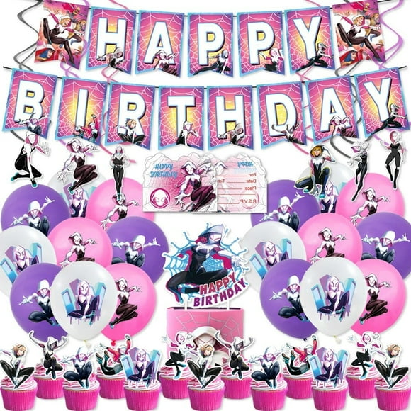 Cartoon Spider-Gwen Birthday Party Supplies, Cartoon Spider-Gwen Party Decorations Set Cartoon Spider-Gwen Birthday Decoration Banner and Balloon Invitation Card Cake Topper and Other Party Supplies