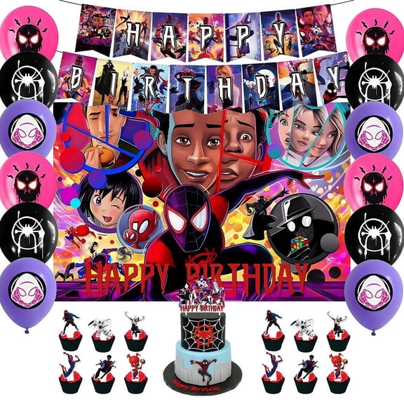 Cartoon Spider-Man themed birthday party supplies decorations, including birthday banners, backdrops, balloons, cake inserts and cake decorations, suitable for boys and girls