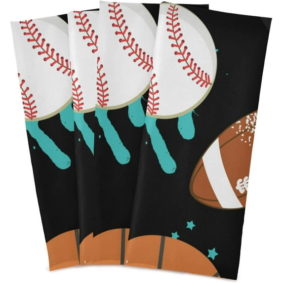 Cartoon Sports Balls Dish Towels Set of 4, Basket Ball Football Tenis Ball Washable Tea Towels Dishcloths Lint-Free 18x28 Inch Fast Drying for Kitchen Restaurant Bar Clean
