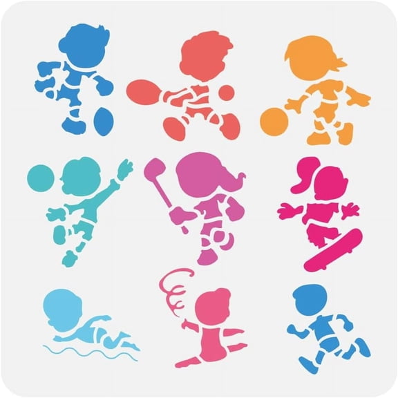 Cartoon Sports Characters Large Stencil 11.8x11.8Inch Kicking Dribbling Throwing Painting Skateboarding Swimming Running Big Student Sports Template