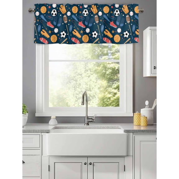 Cartoon Sports Elements Valances for Windows,Kitchen Valance Rod Pocket Short Curtain,Soccer Baseball Rugby Valance Curtain Window Valances for Bedroom Living Room 42x12in