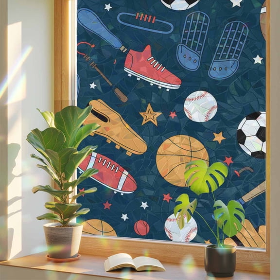 Cartoon Sports Elements Window Privacy Film, Rainbow Film Decorative Window Sticker 17.7x39.3in, Soccer Baseball Rugby Sun Blocking Static Stained Glass Cling Tint Non-Adhesive