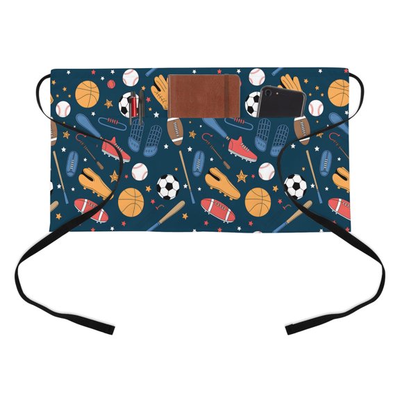 Cartoon Sports Half Waist Apron Baseball Soccer Basketball Rugby Sneakers Short Waiter Aprons with 3 Pockets for Women Men Kitchen Restaurant Cooking