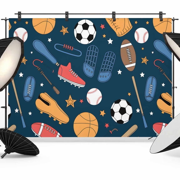 Cartoon Sports Photography Backdrop 7x5FT, Baseball Soccer Basketball Rugby Sneakers Photo Backdrops, Background for Photography Studio Photo Studio Background, Back Drop for Photoshoot