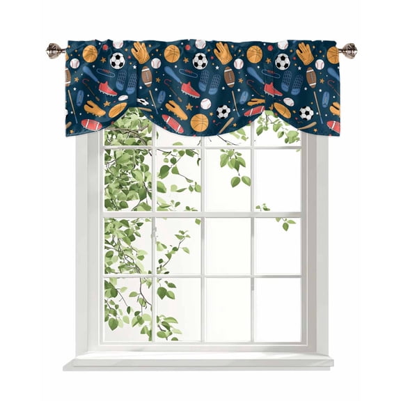 Cartoon Sports Tie Up Valances Curtain, Adjustable Kitchen Baseball Soccer Basketball Rugby Sneakers Valances for Windows Decor, Rod Pocket Short Curtains Set for Bedroom/Bathroom, 54"x18"