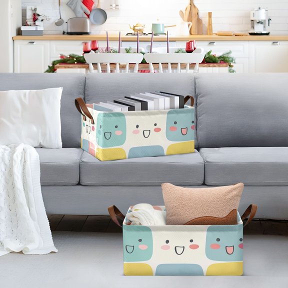 Cartoon Square Faces Storage Bins with Handles Foldable Storage Baskets for Shelves Organizer Cloth Baskets