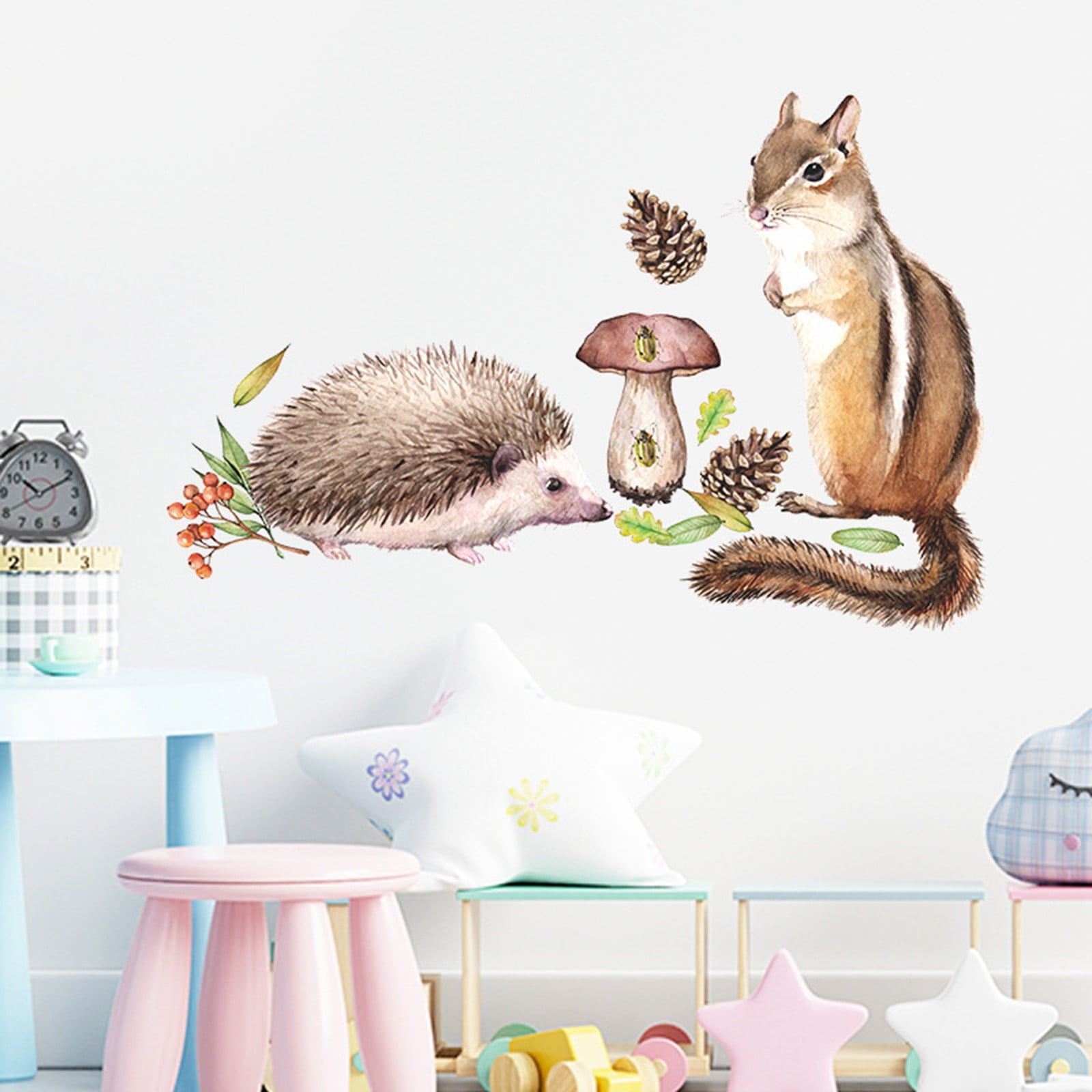 Cartoon Squirrel Encounters Harvesting Small Hedgehog Childrens Room