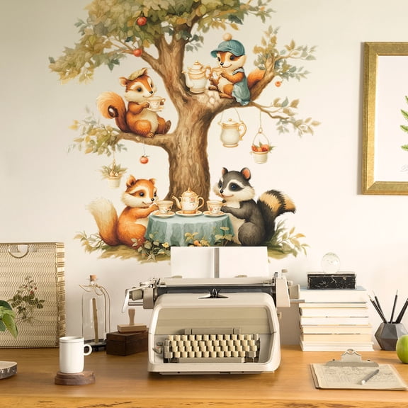 Cartoon Squirrel Family Tea Party Wall Sticker - Self-Adhesive Decorative Decal for Kids Room