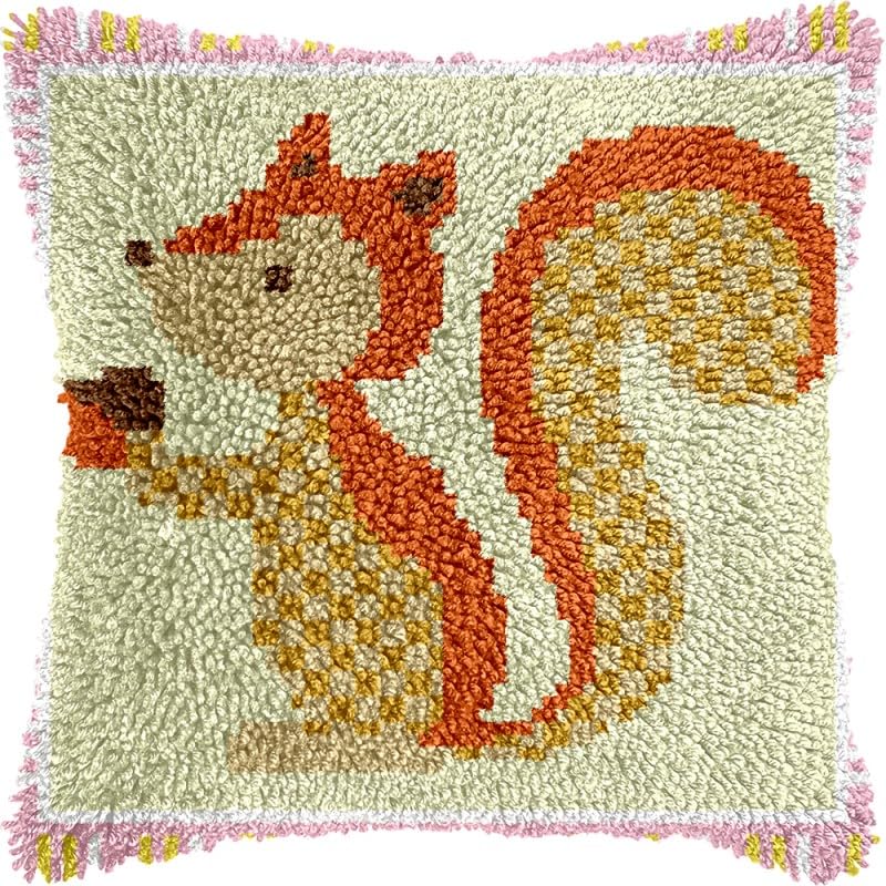 Cartoon Squirrel Latch Hook Pillow Kits Pillow Cover with Pattern Printed Canvas Crochet Cross Hooking Pillowcase Cushion Crafts Embroidery Latch Hooking Crochet Kits 17x17 inch(103)
