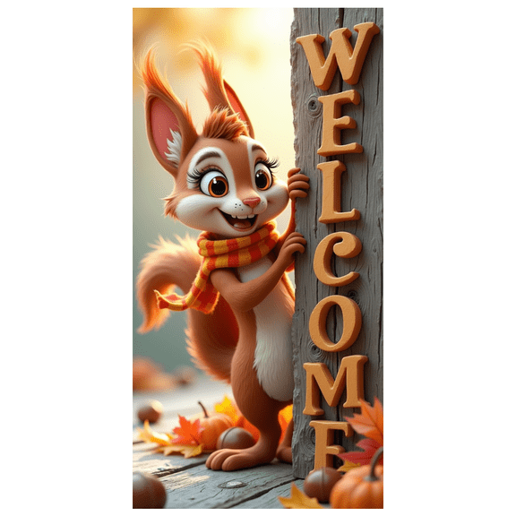 Cartoon Squirrel Welcome Sign Wood Background Fall Leaves Banner for Home Decor Party Seasonal Decoration Event