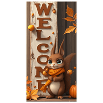 Cartoon Squirrel Welcome Sign Wood Background Fall Leaves Banner for Home Decor Party Seasonal Decoration Event
