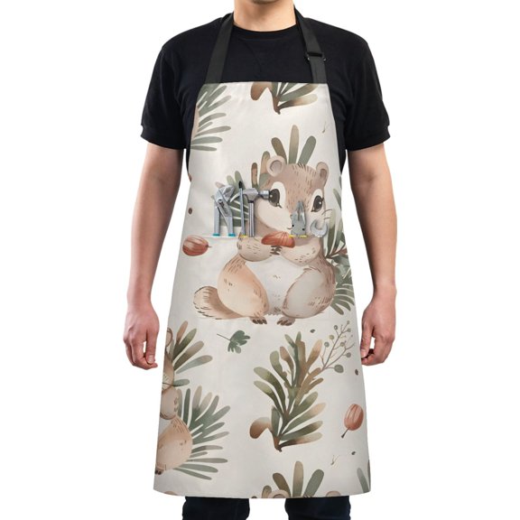 Cartoon Squirrel and Pine Nut Kitchen Apron with 2 Pockets Adjustable waterproof Cooking Aprons for Women Men Chef