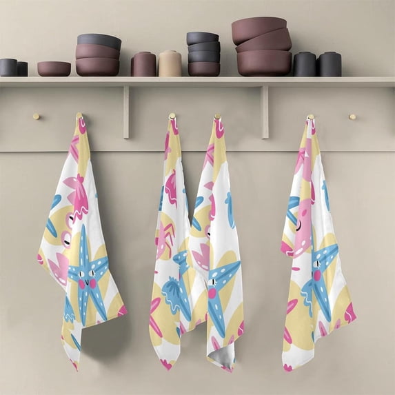 Cartoon Starfish Crabs Tea Towels Set of 6 Marine Theme Kitchen Dish Cloth with Hanging Loop, 18"x28"Lint-Free Absorbent Towel for Kitchen Drying Wiping and Cleaning