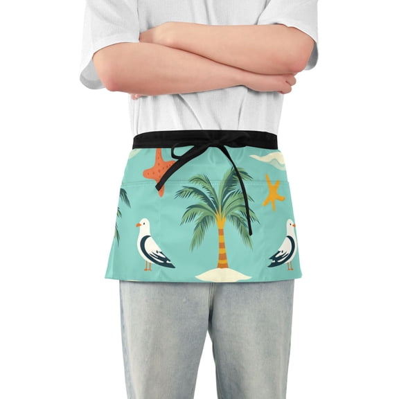 Cartoon Starfishes Seagulls Lighthouse Trees Short Server Apron with 3 Pockets for Unisex Chef Gardening