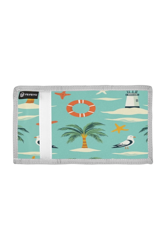 Cartoon Starfishes Seagulls Lighthouse Trees Trifold Wallets Card Holders Coin Pockets with Lanyards Portable Unisex