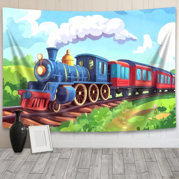 Cartoon Steam Train Tapestry,Train Driving on Railroad Track Tapestries Background,Green Hills Trees Blue Sky Clouds Wall Hanging for Kids Bedroom Dorm Living Room Decor,60X50In