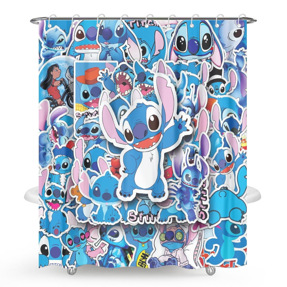 Cartoon Stitch Shower Curtain Set for Bathroom with 12 Hooks,60x72 inch