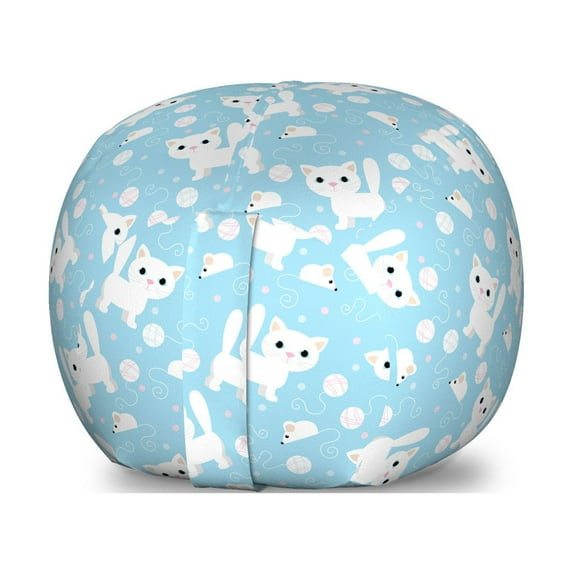 Cartoon Storage Toy Bag Chair, Amusing Feline Cat with Yarn Ball and Mouse Sketch Predator Instincts Dotted Backdrop, Stuffed Animal Organizer Washable Bag, Large Size, Cream Blue, by Ambesonne