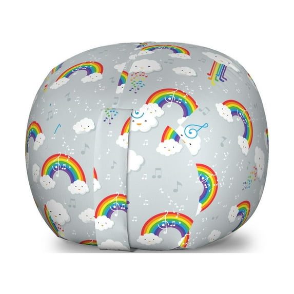 Cartoon Storage Toy Bag Chair, Colorful Cartoon of Clouds Rainbow and Music Notes Interpretation, Stuffed Animal Organizer Washable Bag, Large Size, Pale Grey and Multicolor, by Ambesonne