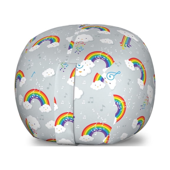 Cartoon Storage Toy Bag Chair, Colorful Cartoon of Clouds Rainbow and Music Notes Interpretation, Stuffed Animal Organizer Washable Bag, Large Size, Pale Grey and Multicolor, by Ambesonne